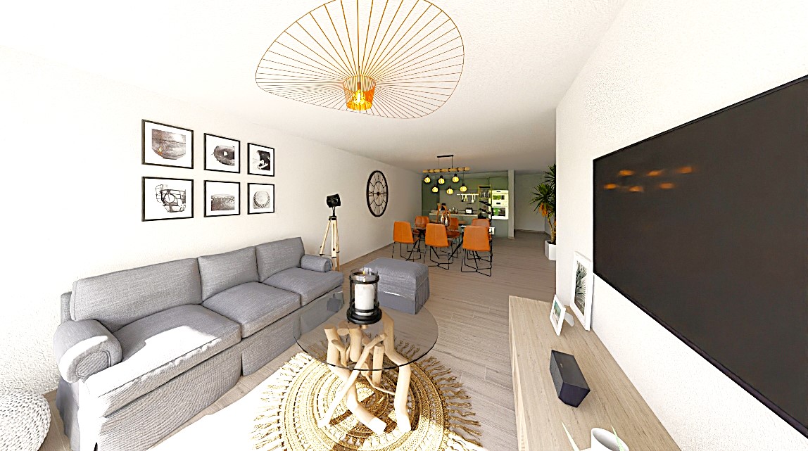 Gray couch, round glass table, TV, lamps, painting frames, floor lamp