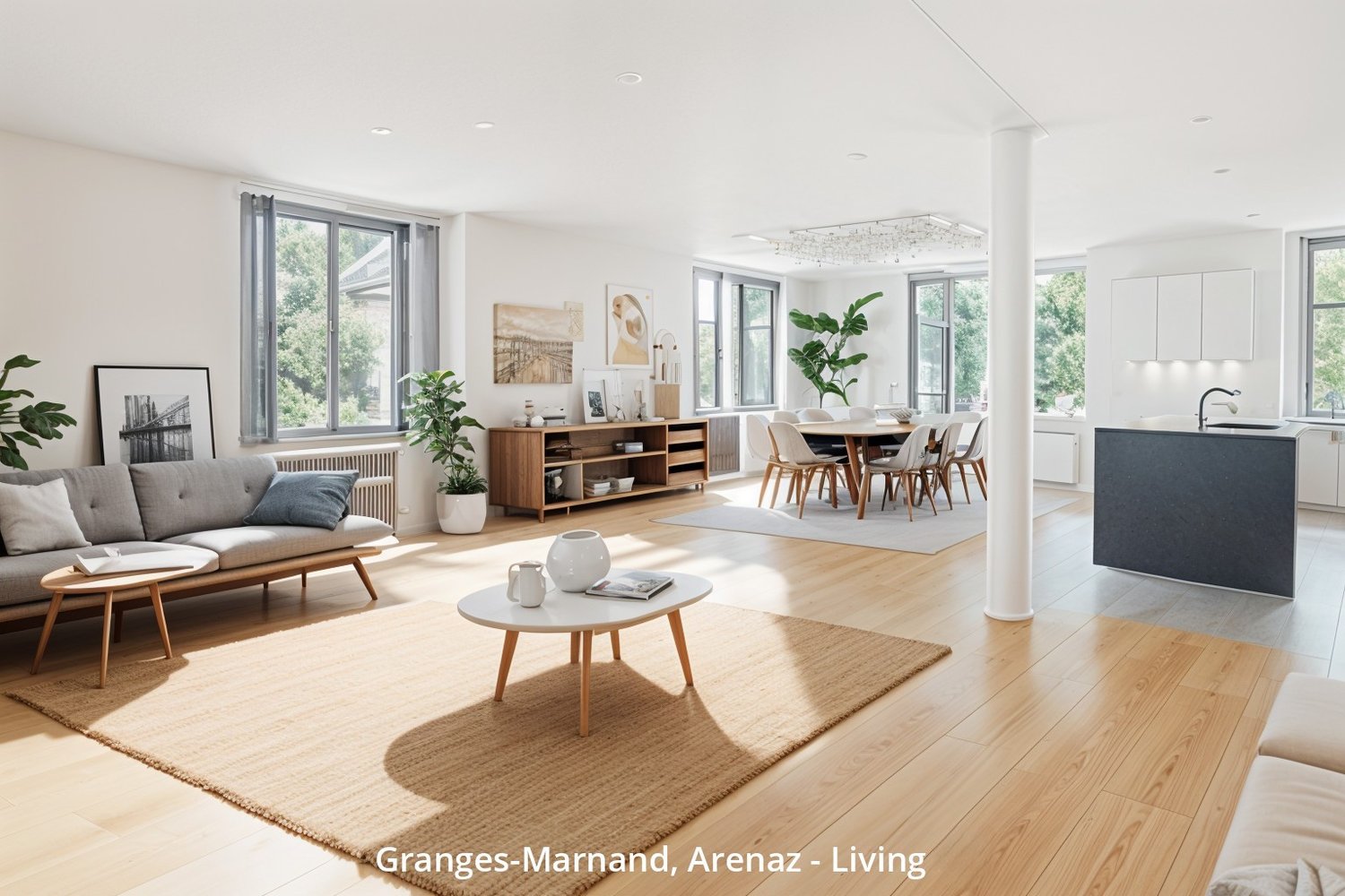 open plan living room and dining area, wooden floor, large windows, modern furniture, plants, kitchen island