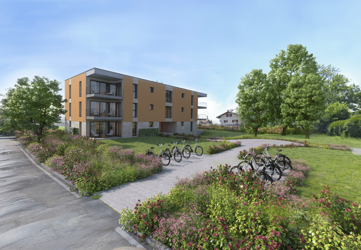 Modern apartment building with balconies, surrounded by greenery and flowers, bicycles parked in front