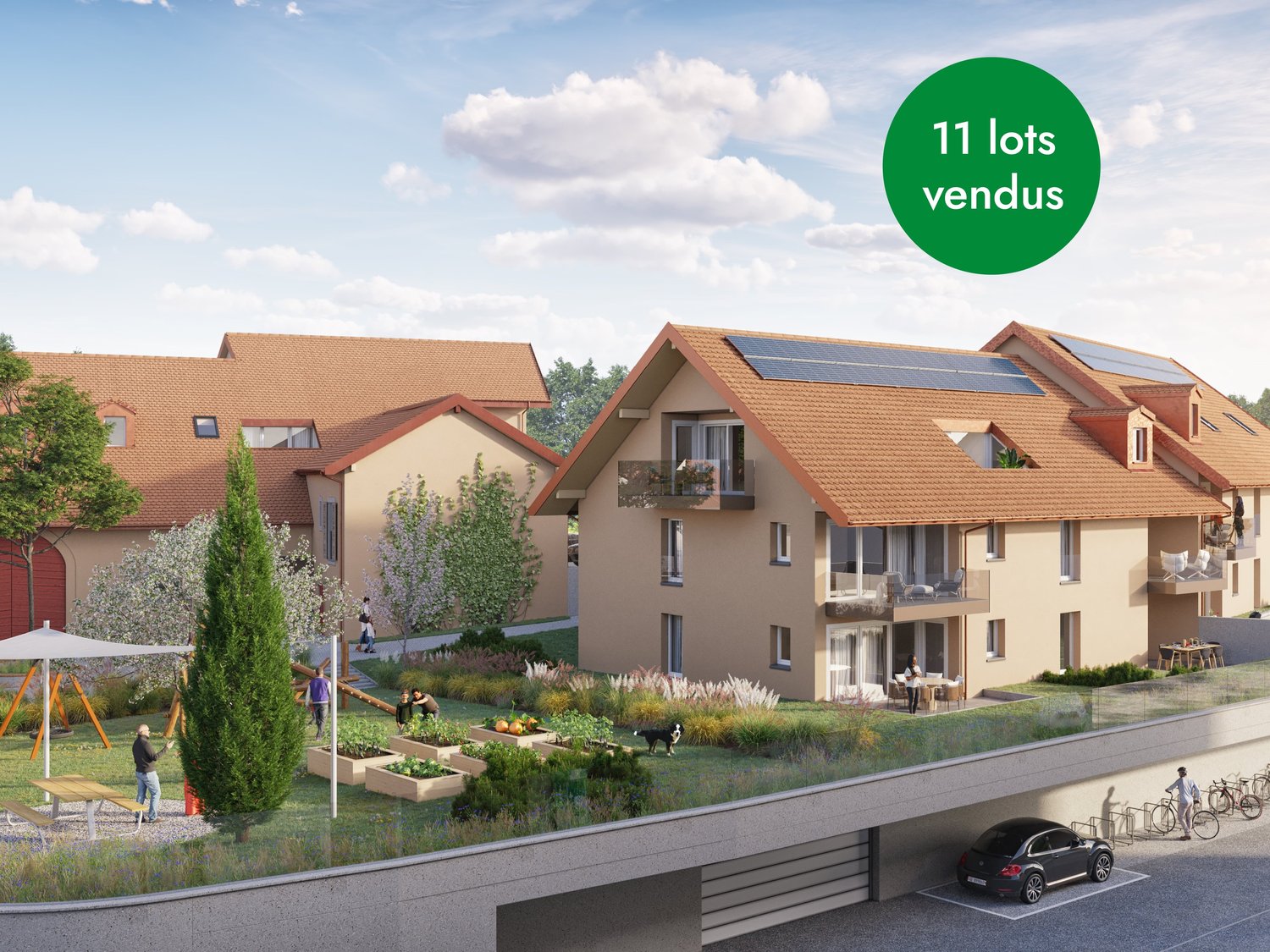 Terraced houses, solar panels on the roof, garage, landscaped garden