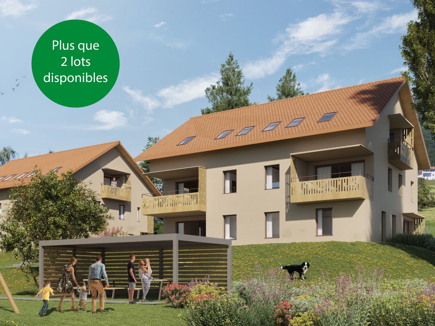 Apartment complex, brown tiled roof, balconies, garden, trees