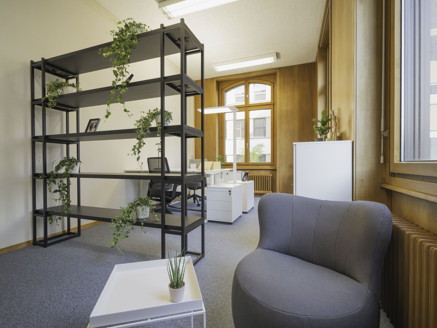 Office with wooden paneled walls, white ceilings, open layout, floor-to-ceiling windows, shelves, black chair, white desk, potted plants