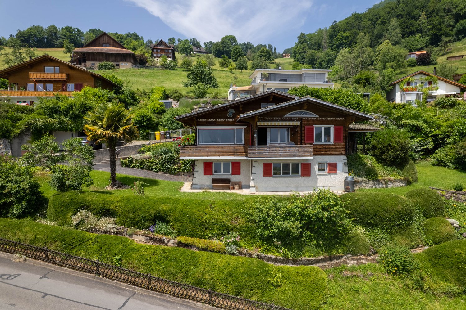 Detached house, wooden exterior, nestled in a hilly area, surrounded by greenery, multiple windows, driveway leading to the entrance.