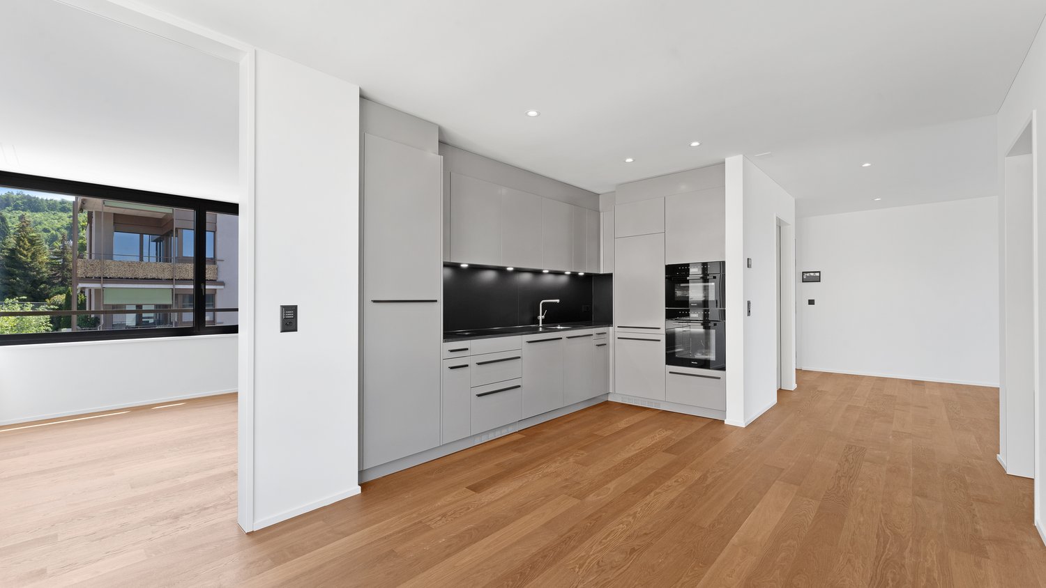 Modern kitchen, gray cabinets, wooden floors, white walls, full length windows