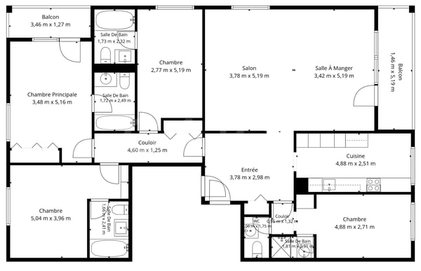 Appartement traversant de quatre chambres avec deux balcons 2
