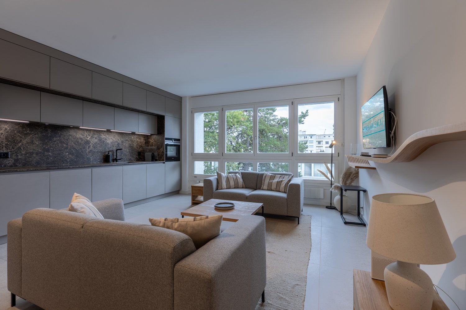Spacious living room with two sofas, coffee table, mounted TV, large windows with trees view