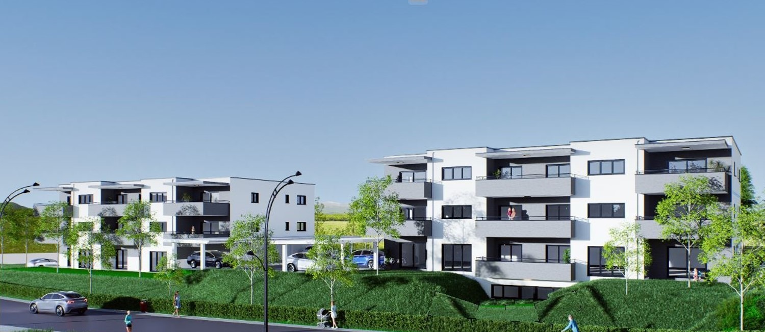 multi-story residential building with white facade, multiple balconies, underground parking