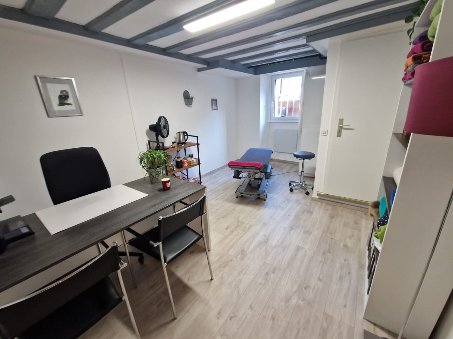 Office room with desk, chairs, treadmill, shelves, picture frame, and a plant