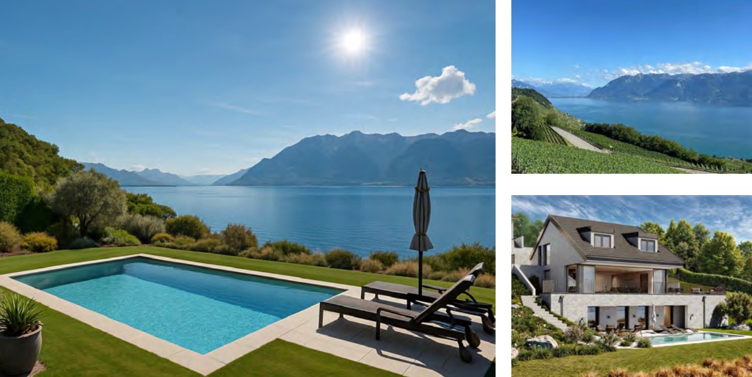 Villa with swimming pool, lake view, terrace, two lounge chairs, green grass, umbrella, potted plant