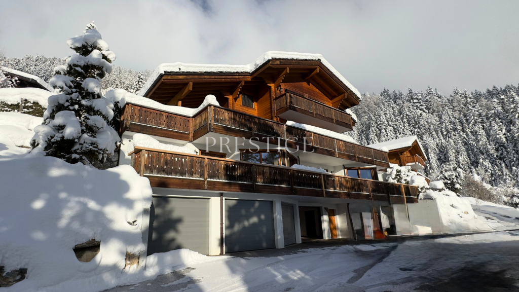 Modern mountain chalet, snow covered, wooden balconies, two garages