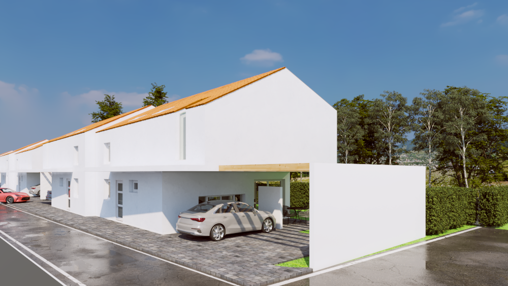 2 story white building with a slanted orange roof, garage, and parking space in the front