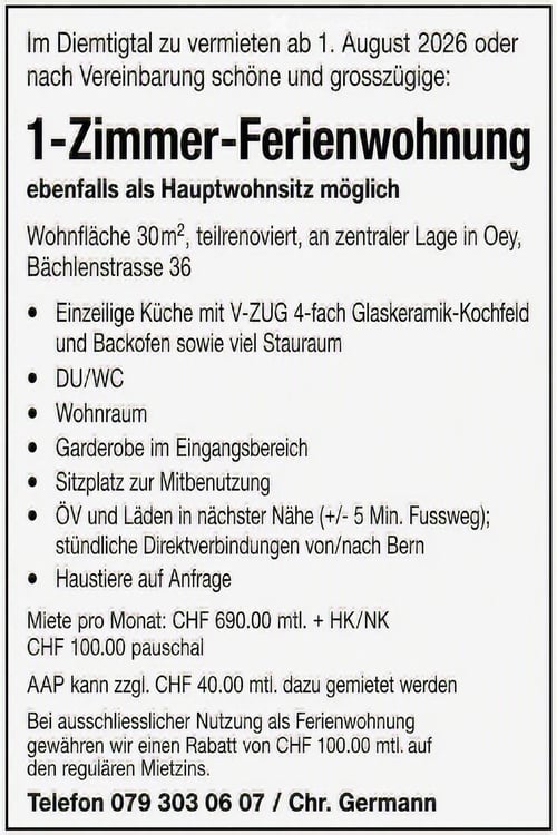 Grosszügige 1-Zimmer Ferienwohnung / Studio im Diemtigtal 1