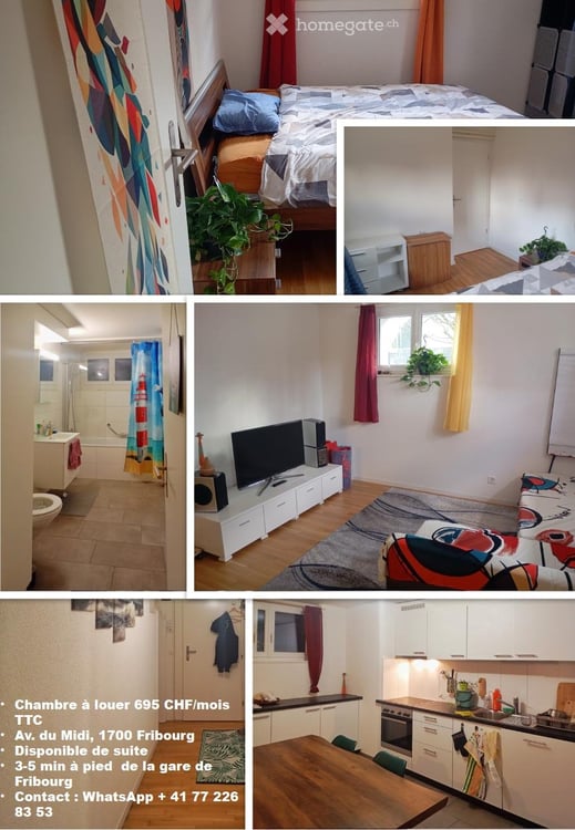 Chambre 15m2, Disponible de suite, 3-5min gare de Fribourg 1