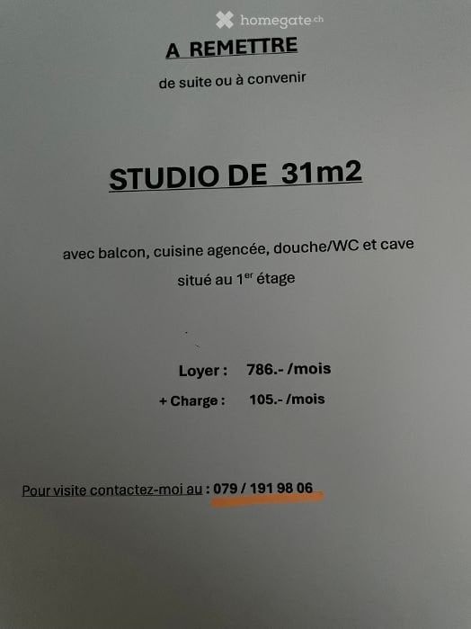 A remettre de suite ou à convenir un Studio de 32m2 2