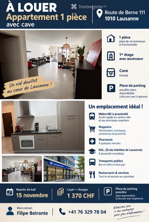 Appartement 1piece à Lausanne 17