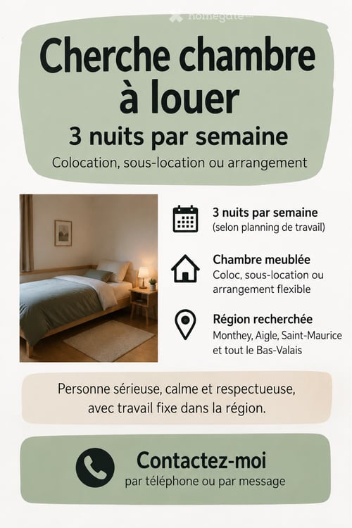 Cherche chambre pour 3 nuits/semaine 20