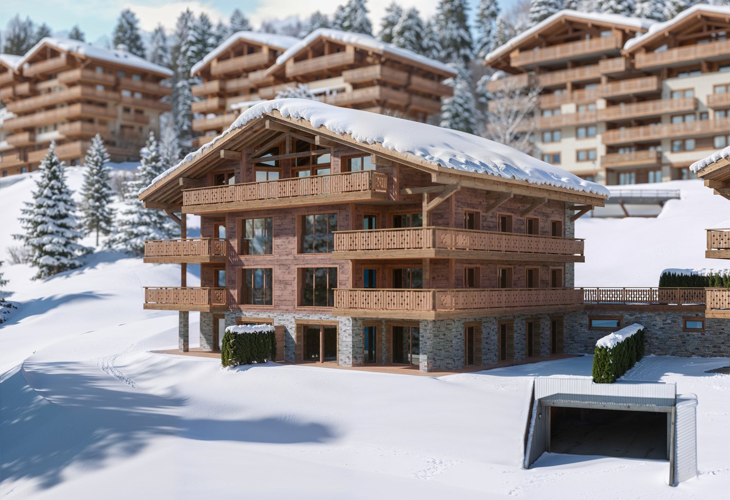 3 story wooden chalet, snowy roof, multiple balconies, covered driveway