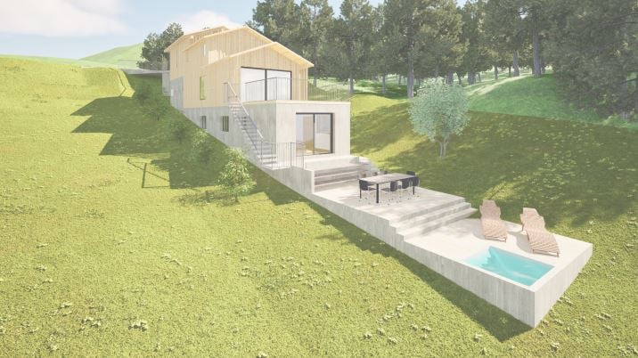 House on sloping land, with swimming pool and balcony, raised ground floor