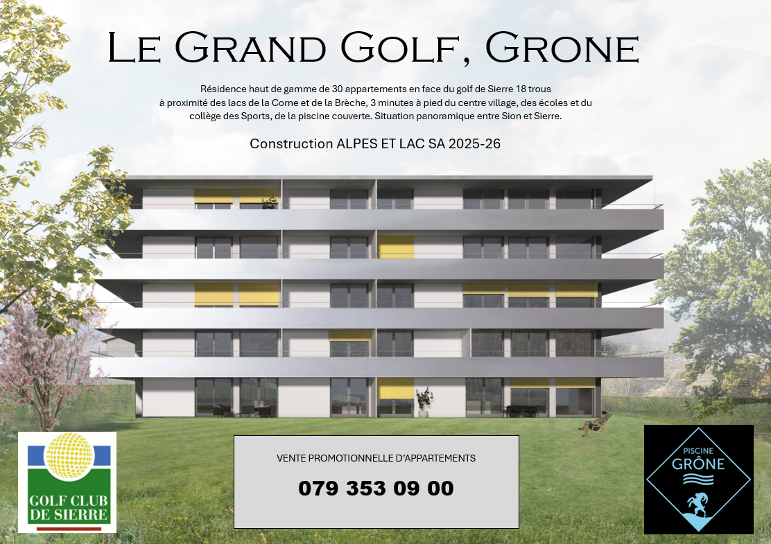 5-story apartment building with 30 units overlooking the Sierre 18 hole golf course. The building is located near the lakes of La Corne and La Breche, 3 minutes walk from the village center, schools, and the covered swimming pool. The building has a panor