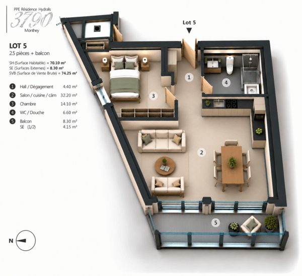 PPE Hydralis lot 5 appartement de 2,5 pièces au 2ème étage 13