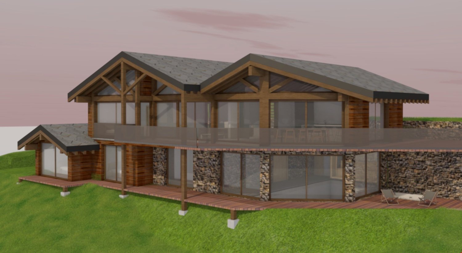 2 story house, modern design, wooden exterior, large windows, wooden deck with glass railing, stone walls