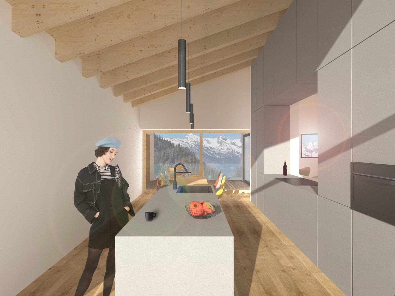 modern kitchen with island, wooden beams, sink, faucet, large window with view of mountains
