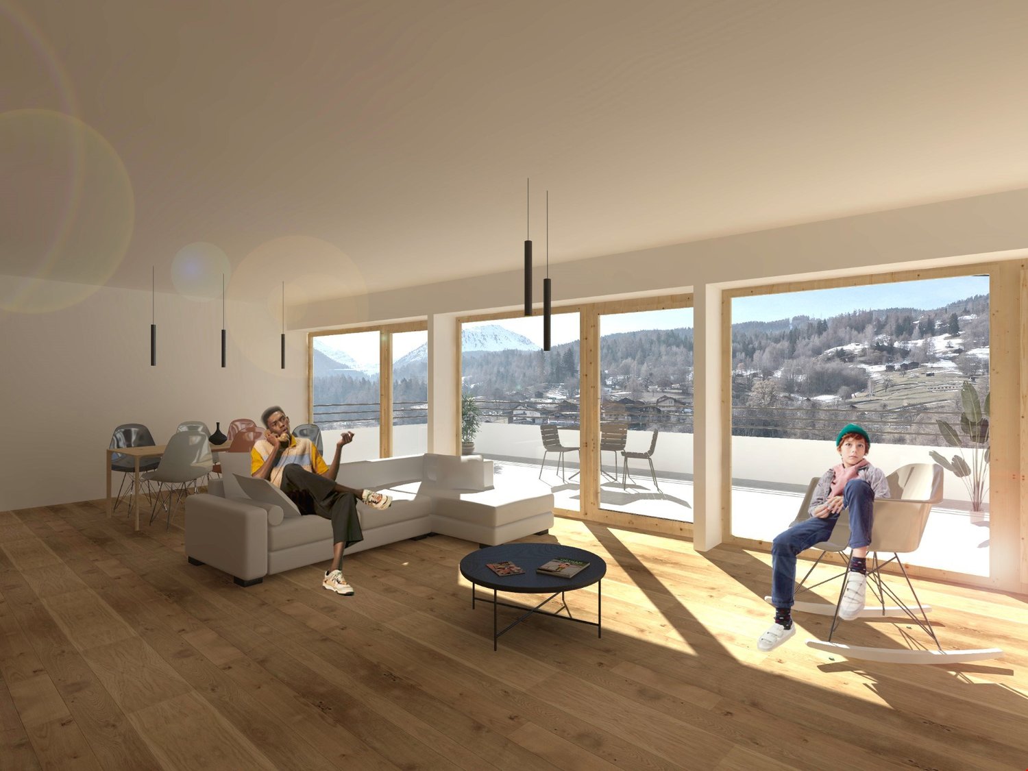 open layout, white sofa, dark wood floor, glass sliding doors, terrace, modern decor, balcony with view
