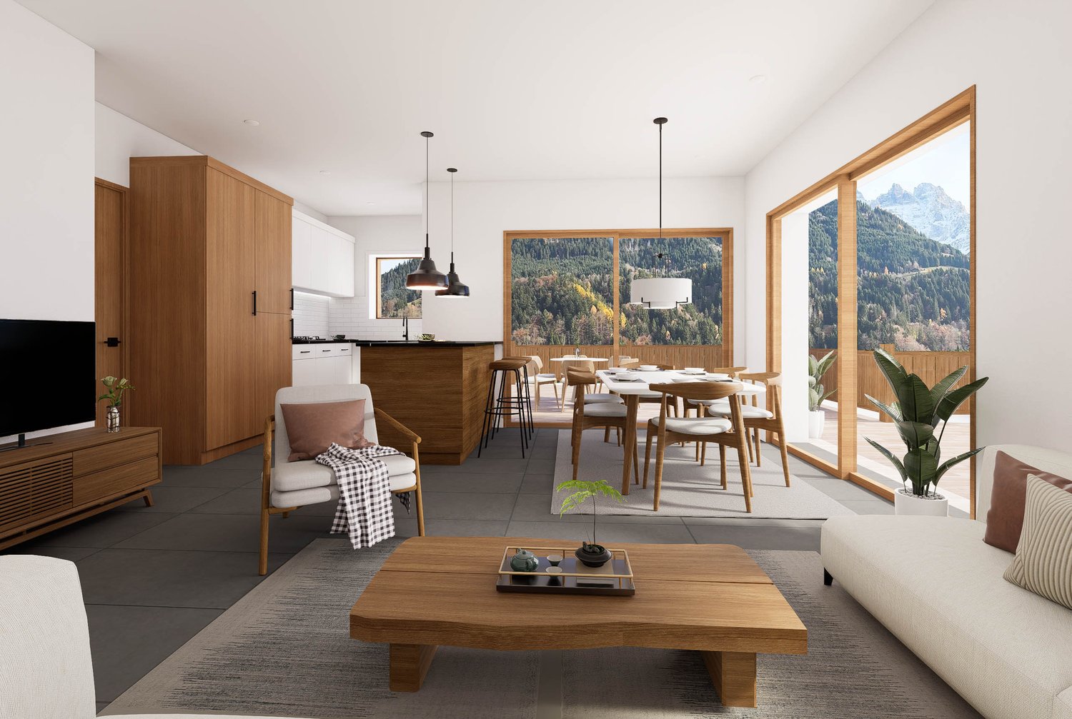 Open concept living and dining area, gray tile floor, glass windows, wooden coffee table, couch, chair, TV, dining table and chairs, kitchen island, large wooden cabinet, kitchen countertop with stools, potted plants