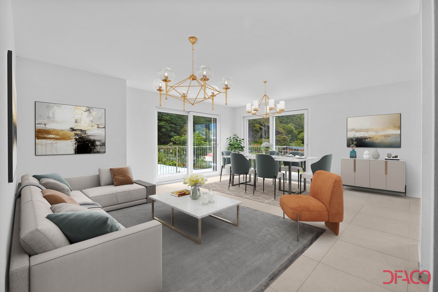 Open living and dining room, large windows, balcony, chandelier, large gray sofa, white marble coffee table, orange chair, round dining table with chairs