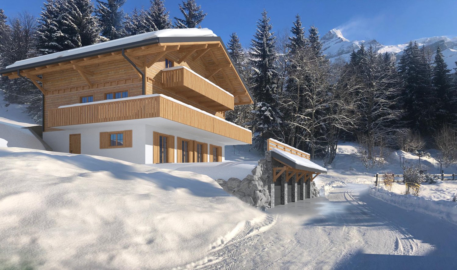 Detached house, wooden and white structure, with wooden balcony on upper floor, in snowy landscape
