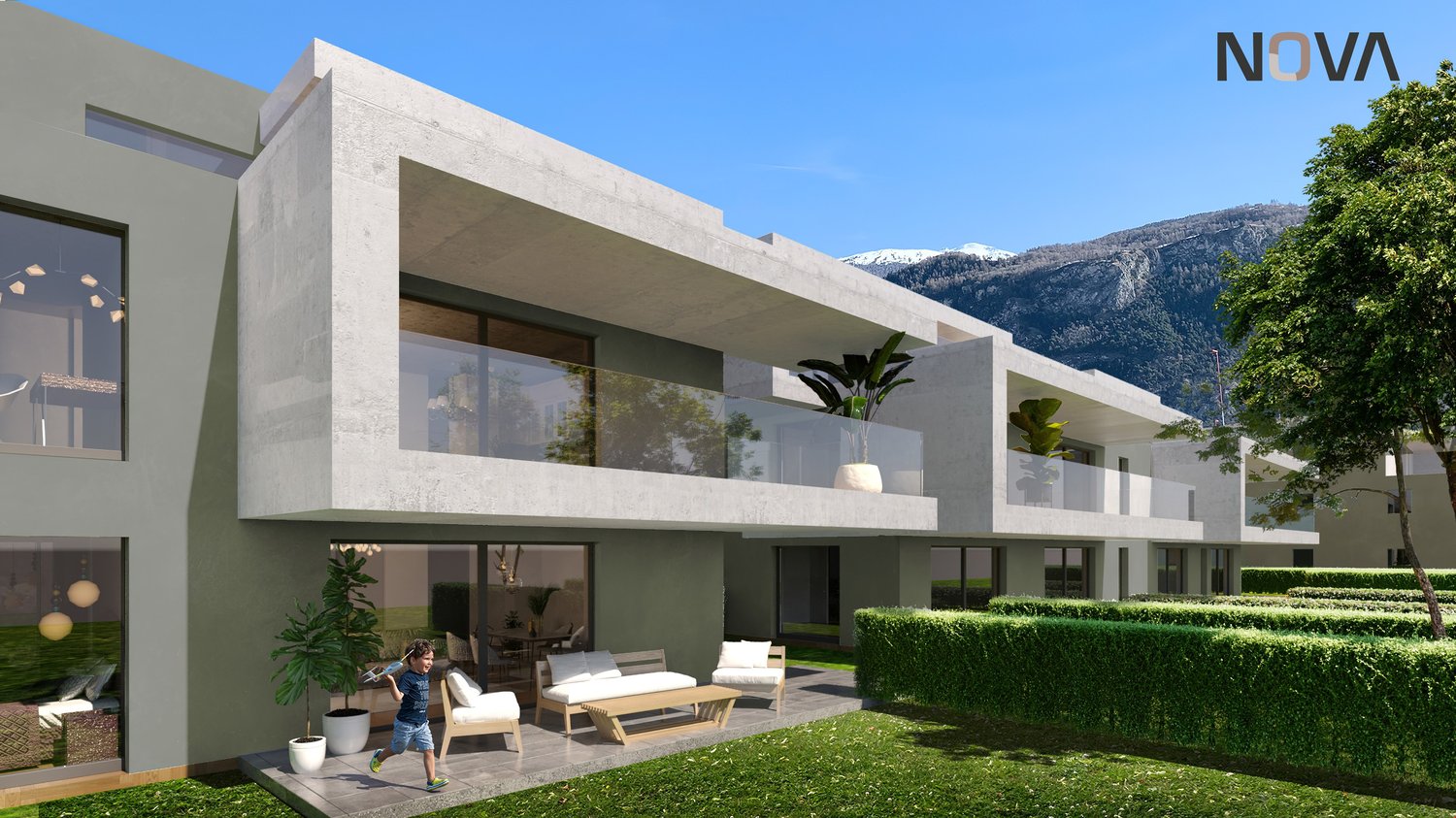 Modern 2 story house, gray concrete, glass windows, several balconies, terrace, yard, mountains in the background