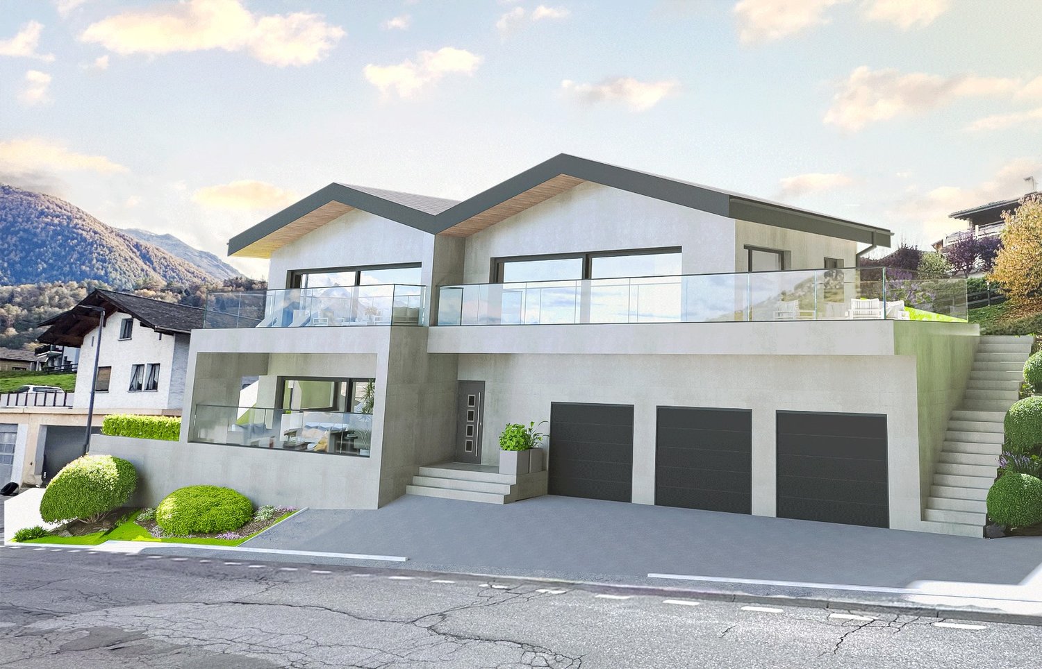 2 story house, gray concrete, 2 garages, large balcony, steps, landscaped area