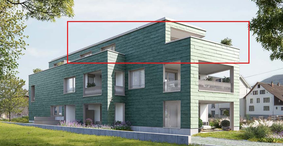 3 story house, green exterior, white windows, balconies, garden