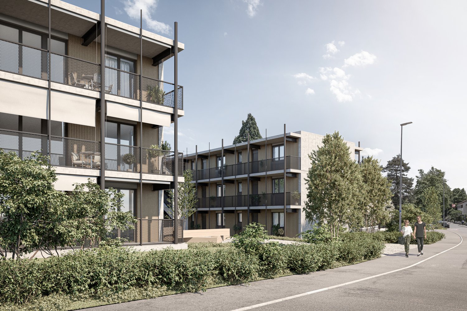 Two residential buildings, glass windows, balconies, trees and greenery, road, sidewalk