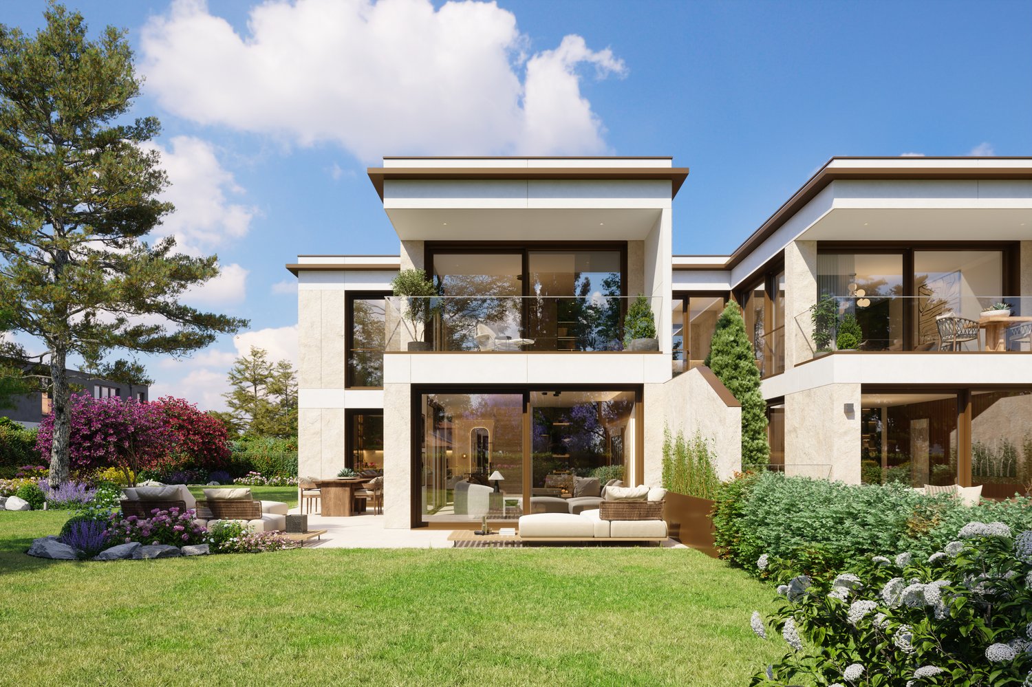 two story house, stone material, large glass doors, glass balcony, garden with plants and rocks