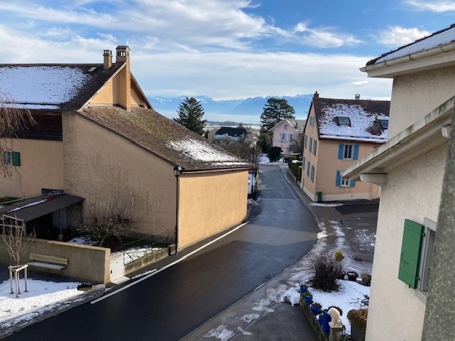 Houses on a street, snow on the ground, mountains in the distance