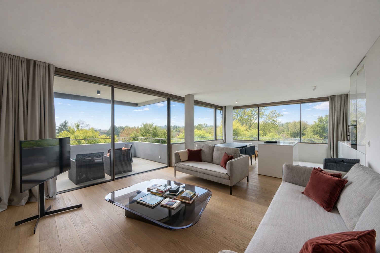 large sliding glass doors leading to a balcony, hardwood floors, large windows with scenic view, modern grey sofa, coffee table, flatscreen TV on stand, minimalist decor