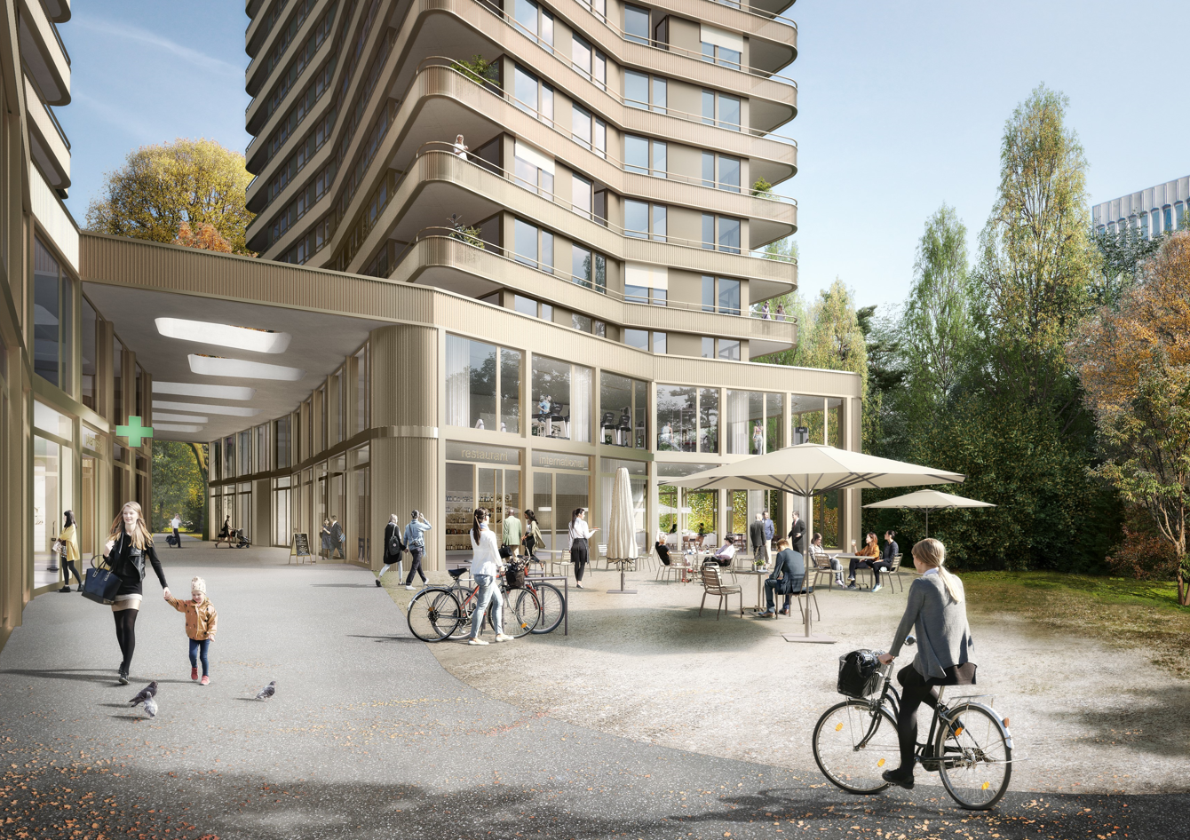 Multi-story apartment building with balconies, outdoor seating area, and people walking, biking, and sitting outside