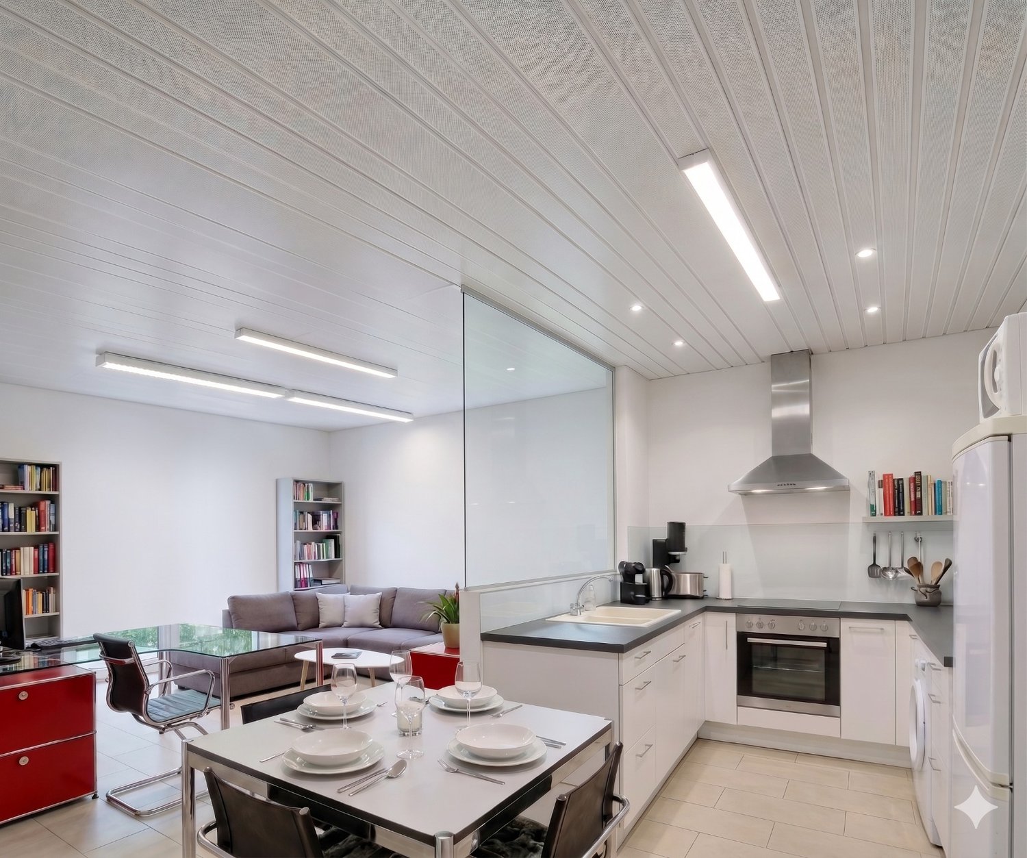 Open plan living room and kitchen, dining table, couch, bookshelves, kitchen appliances