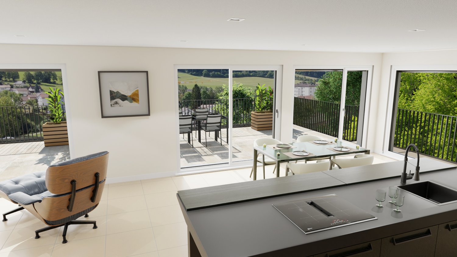 modern kitchen with dining area, large windows, balcony, modern furniture, plants