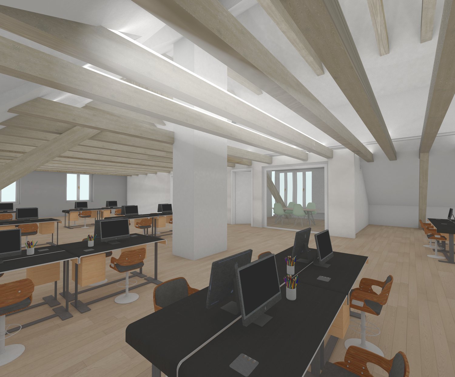 Open layout with desks and monitors, wooden beams, white walls, wooden floors, chairs, white columns