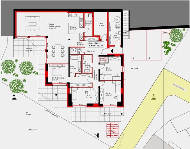 App. 1 Niv.-1 terrace, swimming pool, WC, main room, kitchen, 5 rooms, 5 bathrooms