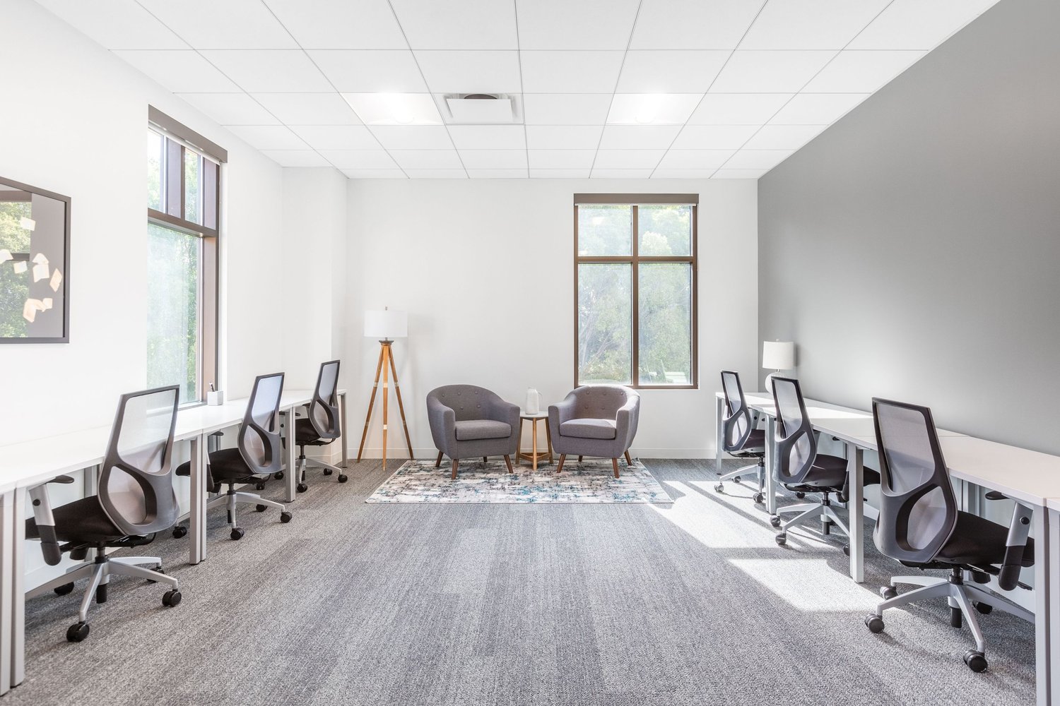 empty office with multiple white desks, chairs, lamps, rug, two chairs, and side table