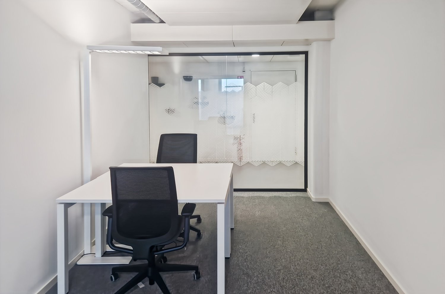 modern minimalist office with white desk, black swivel chairs, white walls, and grey carpet