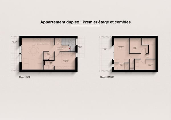 Appartement sur plan, 3pcs en duplex avec balcons et espaces annexes 1