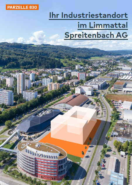 The image shows an aerial view of an industrial site located in the Limmattal area of Spreitenbach AG. The site consists of several large industrial buildings and warehouses, some of which are highlighted in orange. The surrounding area appears to be a mi