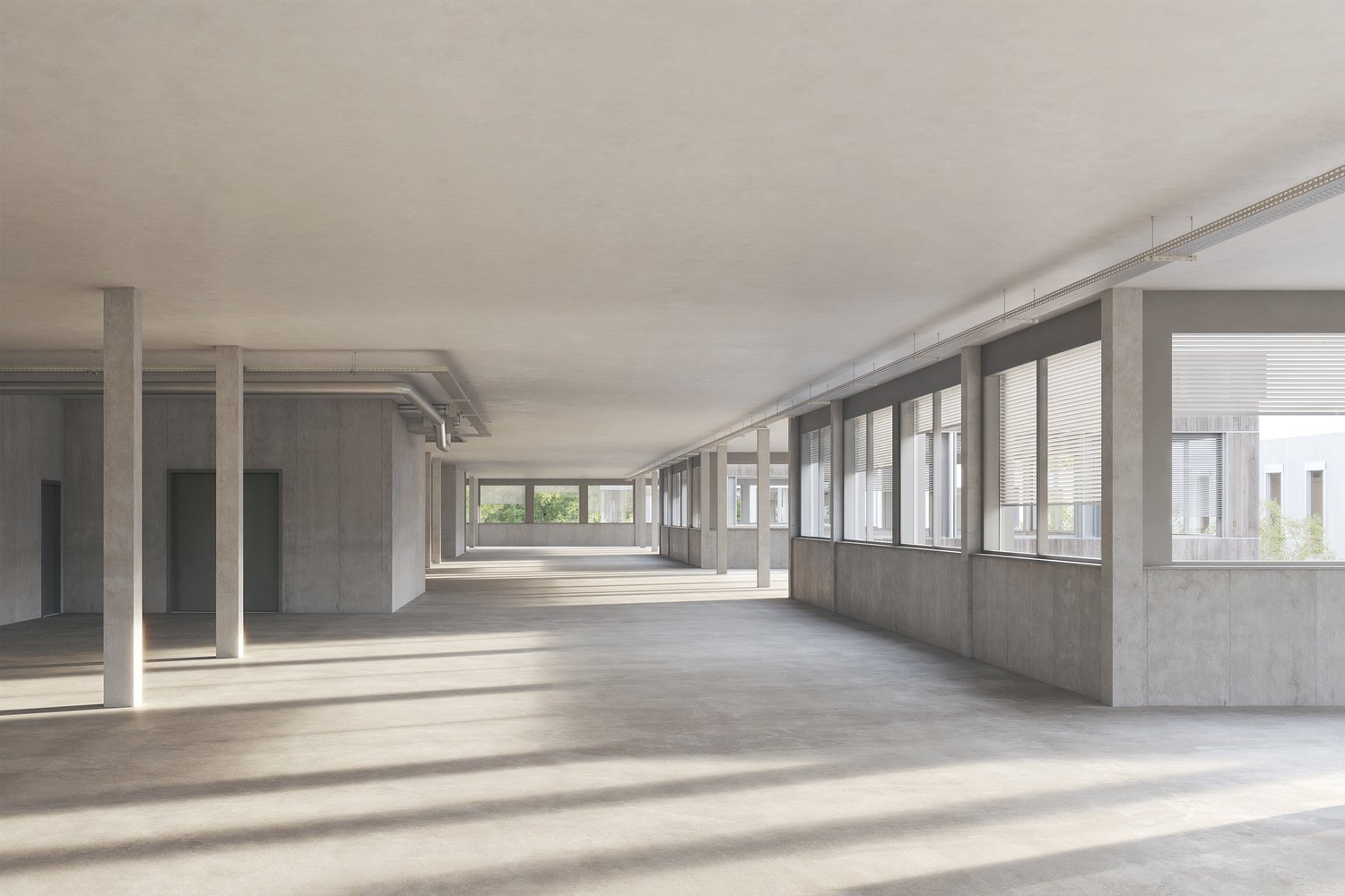 Empty office space, concrete walls, white pillars, large windows with blinds, high ceiling