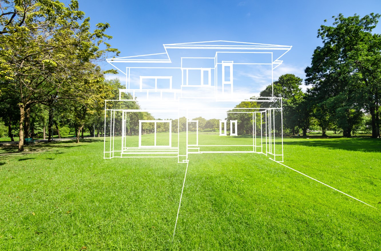 2-storey modern house on a lawn, two bedrooms, three windows, raised ground floor