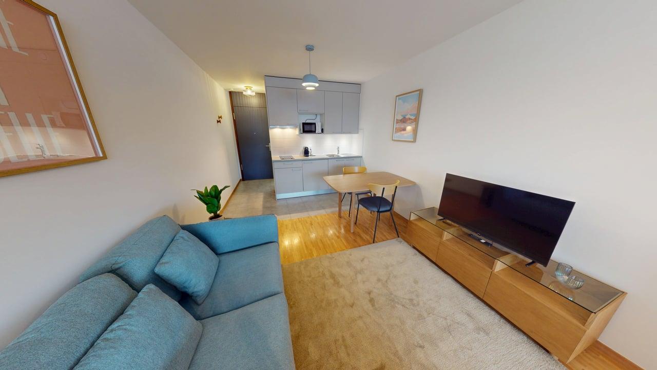 Combined living and dining room with modern furniture, a blue couch, a dining table, a flat screen TV, a wooden flooring, and a picture frame on the wall