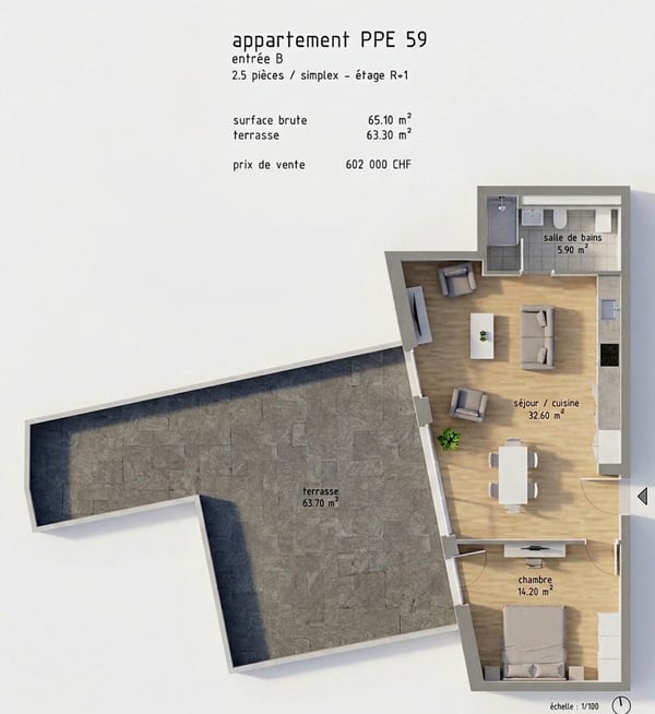 Sion centre - 2.5 pièces neuf de 65 m² avec terrasse de 63 m² - Carré de France 8
